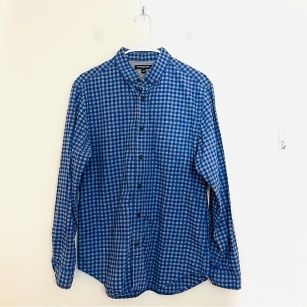 Banana Republic Luxe Flann Slim Fit Plaid Button Down Shirt Medium Blue/White